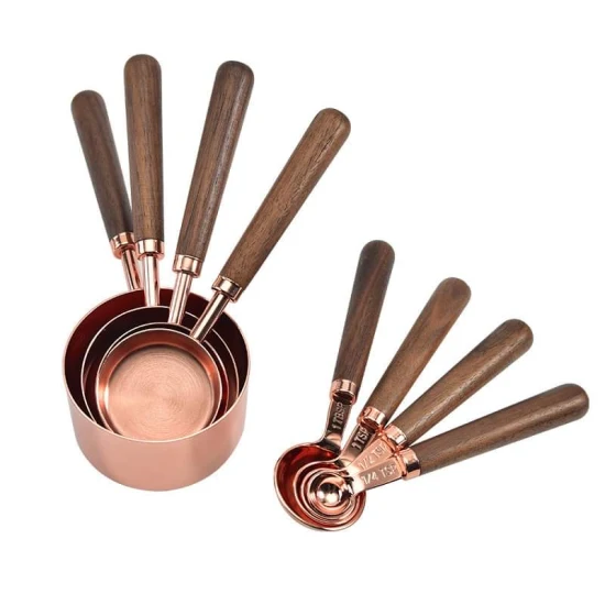 Taza y cuchara de acero inoxidable con mango de madera, juego de tazas y cucharas medidoras de oro rosa Bl14413